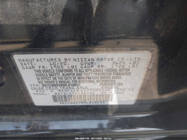 45851738 :رقم المزاد ، 3N1CN8DV8ML818655 vin ، 2021 Nissan Versa S Xtronic Cvt مزاد بيع