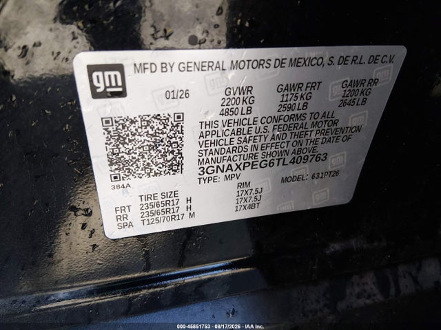45851753 :رقم المزاد ، 3GNAXPEG6TL409763 vin ، 2026 Chevrolet Equinox Awd Lt مزاد بيع