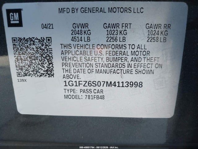 1G1FZ6S07M4113998 Chevrolet Bolt Ev Fwd Premier