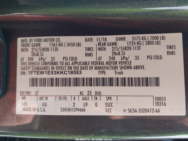 Aukcja sprzedaży 2019 Ford F-150 Xlt, vin: 1FTEW1E53KKC18553, numer aukcji: 45851778