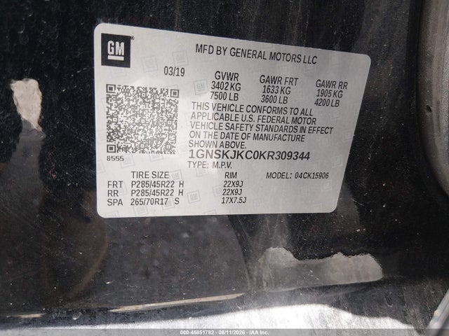 2019 Chevrolet Suburban Premier მანქანა იყიდება აუქციონზე, vin: 1GNSKJKC0KR309344, აუქციონის ნომერი: 45851782