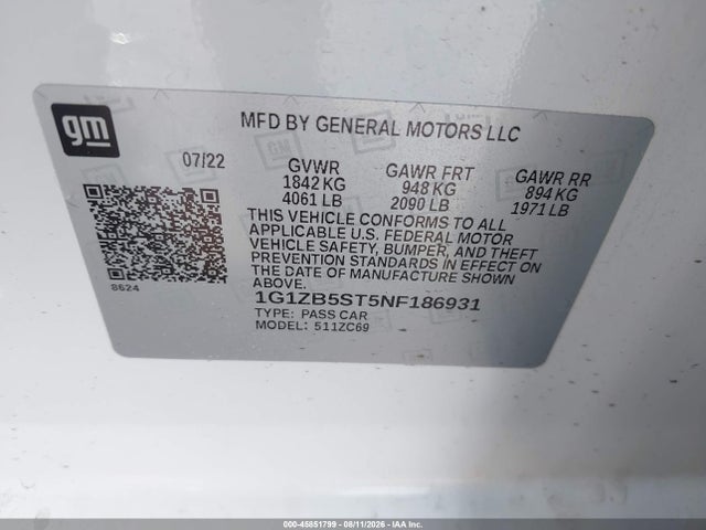 Продаж на аукціоні авто 2022 Chevrolet Malibu Fwd Ls, vin: 1G1ZB5ST5NF186931, номер лоту: 45851799