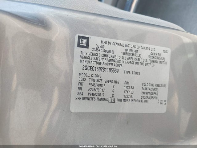 45851803 :رقم المزاد ، 2GCEC130281186669 vin ، 2008 Chevrolet Silverado 1500 Lt1 مزاد بيع