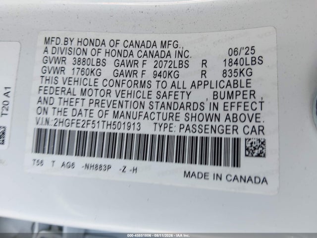 Honda Civic Sport 2026 2HGFE2F51TH501913 Image 9