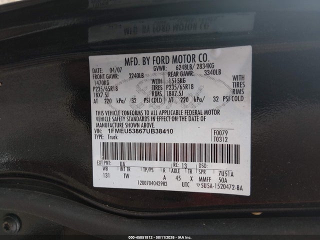 45851812 :رقم المزاد ، 1FMEU53867UB38410 vin ، 2007 Ford Explorer Sport Trac Limited مزاد بيع