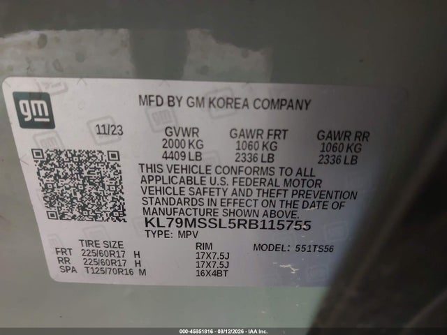 45851816 :رقم المزاد ، KL79MSSL5RB115755 vin ، 2024 Chevrolet Trailblazer Awd Activ مزاد بيع