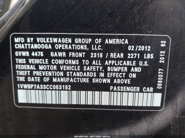 45851824 :رقم المزاد ، 1VWBP7A33CC053152 vin ، 2012 Volkswagen Passat 2.5l Se مزاد بيع