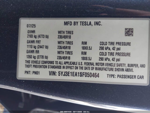 5YJ3E1EA1SF050464 Tesla MODEL 3