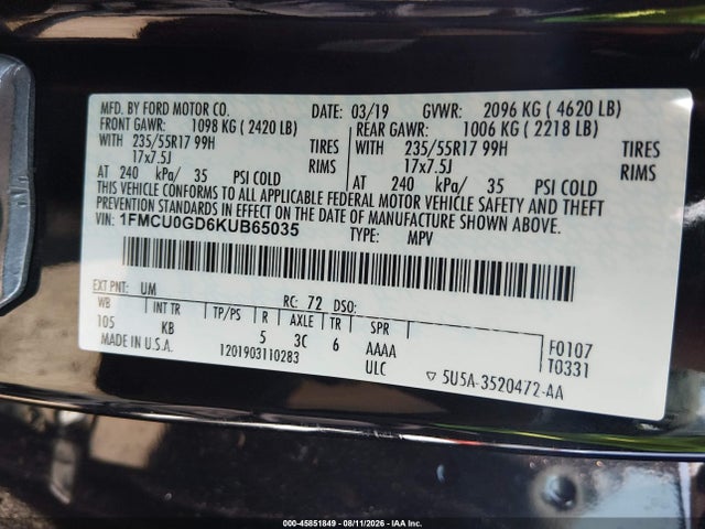 Aukcja sprzedaży 2019 Ford Escape Se, vin: 1FMCU0GD6KUB65035, numer aukcji: 45851849