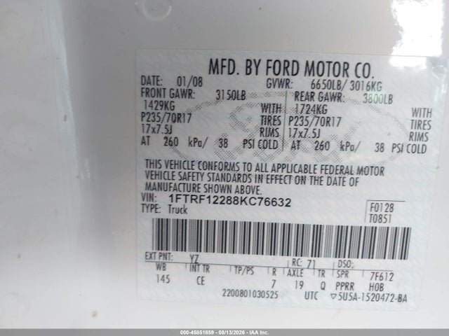 45851859 :رقم المزاد ، 1FTRF12288KC76632 vin ، 2008 Ford F-150 Stx/xl/xlt مزاد بيع