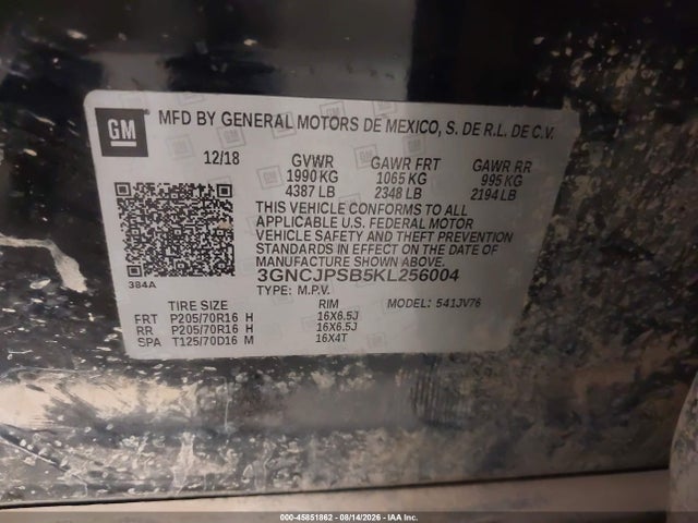 45851862 :رقم المزاد ، 3GNCJPSB5KL256004 vin ، 2019 Chevrolet Trax Lt مزاد بيع