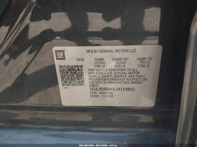 45851863 :رقم المزاد ، 1G1JD5SH1J4119851 vin ، 2018 Chevrolet Sonic Lt Auto مزاد بيع