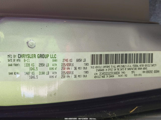 45851886 :رقم المزاد ، 2C4RDGDG2CR100834 vin ، 2012 Dodge Grand Caravan Crew مزاد بيع