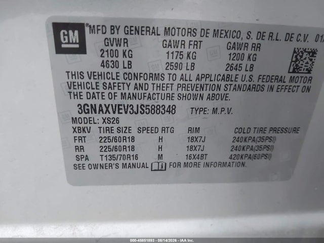 Aukcja sprzedaży 2018 Chevrolet Equinox Premier, vin: 3GNAXVEV3JS588348, numer aukcji: 45851893