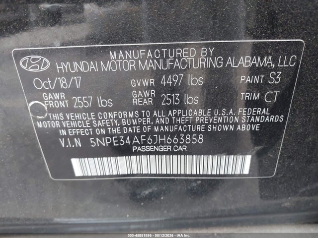 Aukcja sprzedaży 2018 Hyundai Sonata Limited, vin: 5NPE34AF6JH663858, numer aukcji: 45851895
