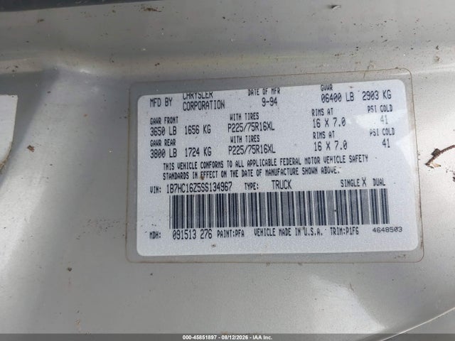 Aukcja sprzedaży 1995 Dodge Ram 1500, vin: 1B7HC16Z5SS134967, numer aukcji: 45851897
