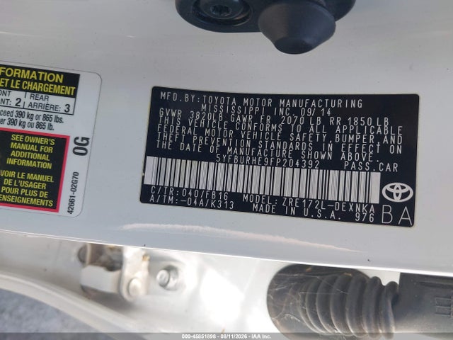 5YFBURHE9FP204392 Toyota Corolla Le Plus