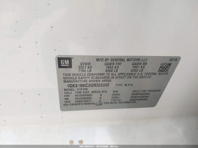 Продаж на аукціоні авто 2016 Gmc Yukon Slt, vin: 1GKS1BKC2GR303090, номер лоту: 45851911
