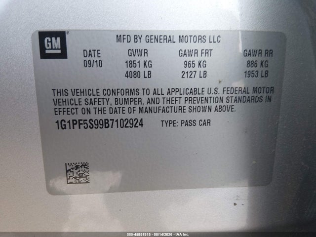 Продаж на аукціоні авто 2011 Chevrolet Cruze 1lt, vin: 1G1PF5S99B7102924, номер лоту: 45851915