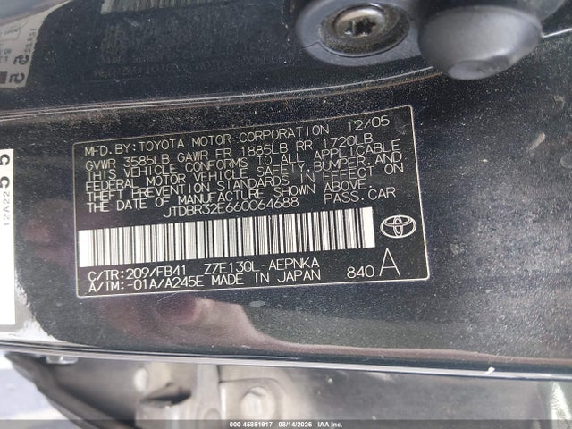 Продаж на аукціоні авто 2006 Toyota Corolla Le, vin: JTDBR32E660064688, номер лоту: 45851917