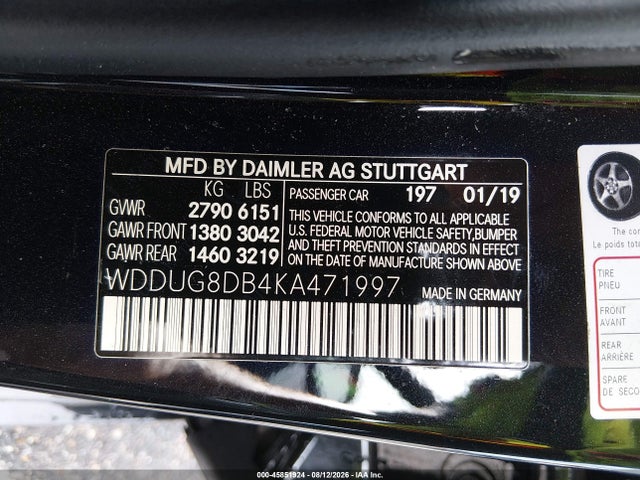 2019 Mercedes-benz S 560 მანქანა იყიდება აუქციონზე, vin: WDDUG8DB4KA471997, აუქციონის ნომერი: 45851924
