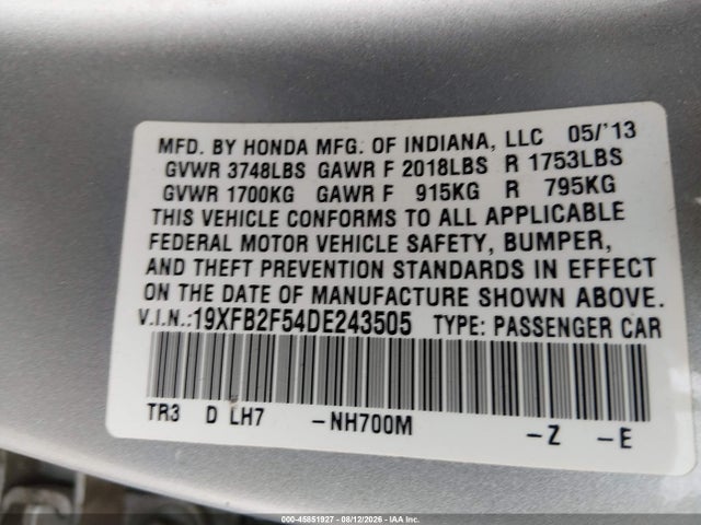 45851927 :رقم المزاد ، 19XFB2F54DE243505 vin ، 2013 Honda Civic Lx مزاد بيع