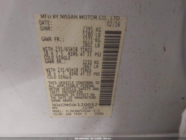 Aukcja sprzedaży 2016 Nissan Murano Sl, vin: 5N1AZ2MH5GN120052, numer aukcji: 45851932