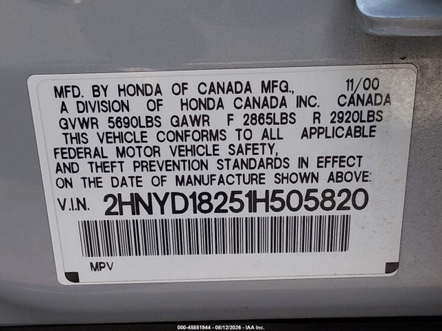Aukcja sprzedaży 2001 Acura Mdx, vin: 2HNYD18251H505820, numer aukcji: 45851944