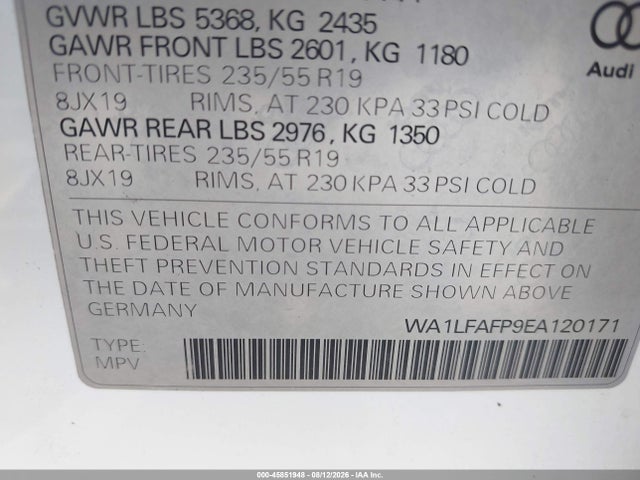 Aukcja sprzedaży 2014 Audi Q5 2.0t Premium, vin: WA1LFAFP9EA120171, numer aukcji: 45851948