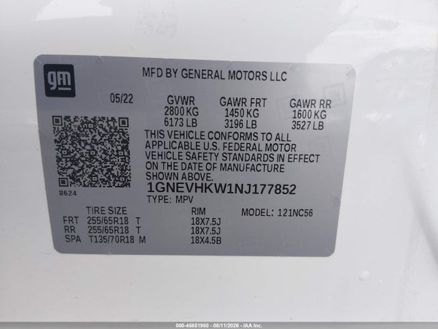 Aukcja sprzedaży 2022 Chevrolet Traverse Awd Lt Leather, vin: 1GNEVHKW1NJ177852, numer aukcji: 45851950