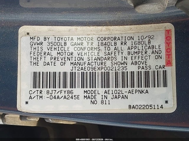 45851951 :رقم المزاد ، JT2AE09EXP0021235 vin ، 1993 Toyota Corolla Le/dx مزاد بيع