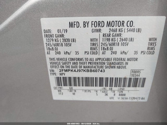Продажа на аукционе авто 2019 Ford Edge Sel, vin: 2FMPK4J97KBB60743, номер лота: 45851953