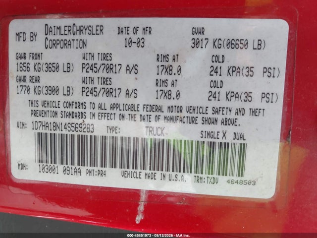 45851973 :رقم المزاد ، 1D7HA18N14S569283 vin ، 2004 Dodge Ram 1500 St مزاد بيع