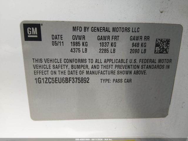2011 Chevrolet Malibu 1lt მანქანა იყიდება აუქციონზე, vin: 1G1ZC5EU6BF375892, აუქციონის ნომერი: 45851989