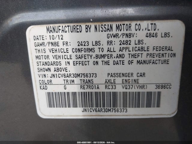 Продажа на аукционе авто 2013 Infiniti G37x, vin: JN1CV6AR3DM756373, номер лота: 45851991