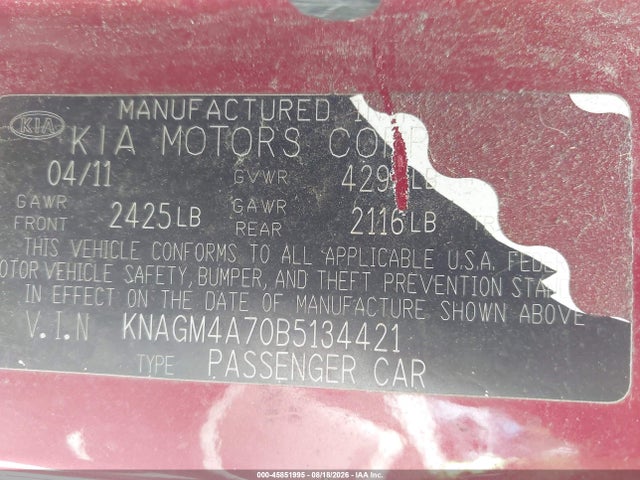 Продажа на аукционе авто 2011 Kia Optima Lx, vin: KNAGM4A70B5134421, номер лота: 45851995