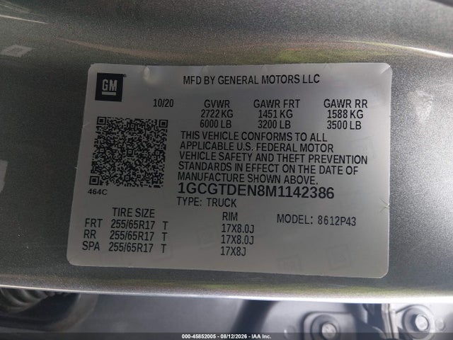Aukcja sprzedaży 2021 Chevrolet Colorado 4wd  Short Box Z71, vin: 1GCGTDEN8M1142386, numer aukcji: 45852005
