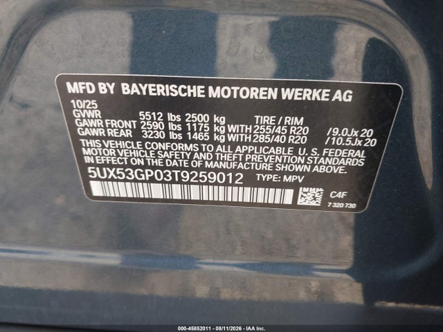 2026 Bmw X3 30 Xdrive მანქანა იყიდება აუქციონზე, vin: 5UX53GP03T9259012, აუქციონის ნომერი: 45852011
