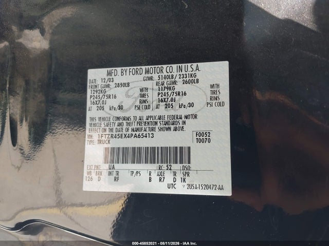 Aukcja sprzedaży 2004 Ford Ranger Edge/tremor/xlt, vin: 1FTZR45EX4PA65413, numer aukcji: 45852021