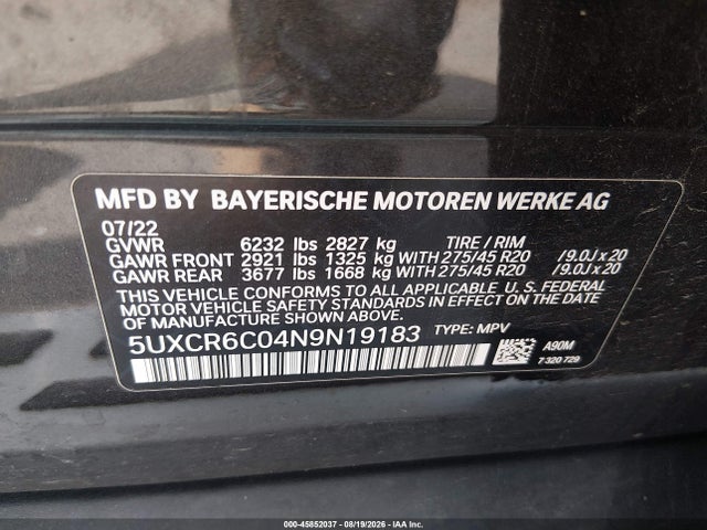 Aukcja sprzedaży 2022 Bmw X5 Xdrive40i, vin: 5UXCR6C04N9N19183, numer aukcji: 45852037