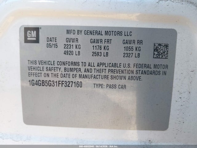 Aukcja sprzedaży 2015 Buick Lacrosse Leather, vin: 1G4GB5G31FF327160, numer aukcji: 45852040