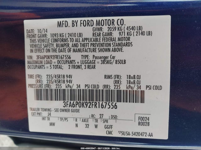 3FA6P0K92FR167556 Ford Fusion Titanium