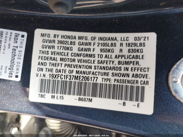 Honda CIVIC EX 2021 19XFC1F37ME206177 Image 9