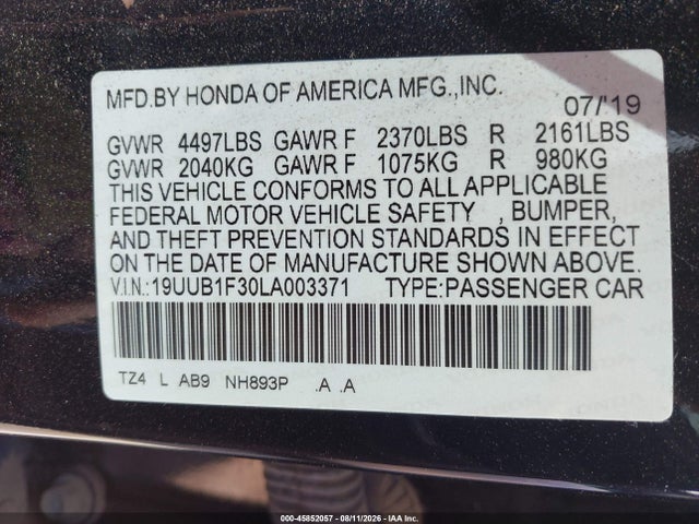 45852057 :رقم المزاد ، 19UUB1F30LA003371 vin ، 2020 Acura Tlx Standard مزاد بيع