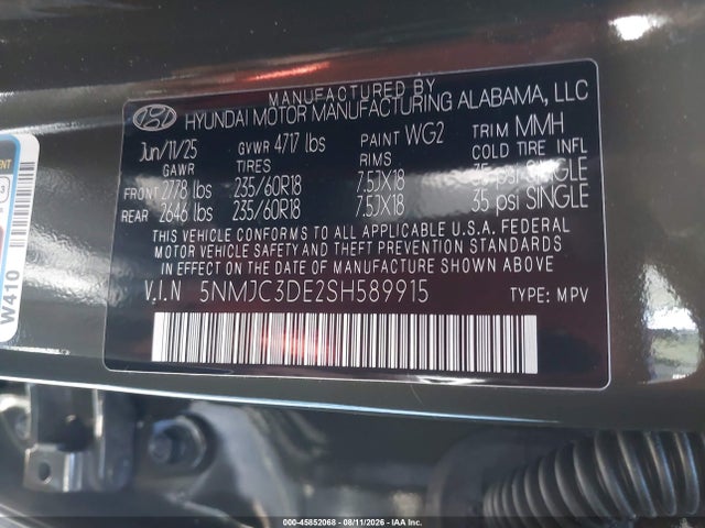 Продажа на аукционе авто 2025 Hyundai Tucson Sel Convenience, vin: 5NMJC3DE2SH589915, номер лота: 45852068