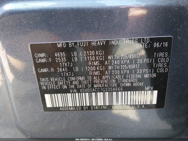 Subaru Outback 2.5i Premium 2016 4S4BSACC7G3358666 Image 9