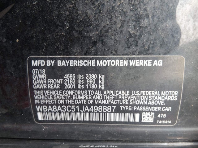 2018 Bmw 320i Xdrive მანქანა იყიდება აუქციონზე, vin: WBA8A3C51JA498887, აუქციონის ნომერი: 45852080
