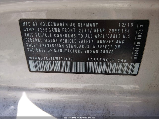 45852092 :رقم المزاد ، WVWGD7AJ7BW179477 vin ، 2011 Volkswagen Gti 4-door مزاد بيع