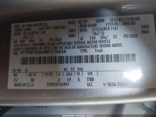 Продажа на аукционе авто 2021 Ford F-150 Lariat, vin: 1FTFW1E8XMFC10234, номер лота: 45852096