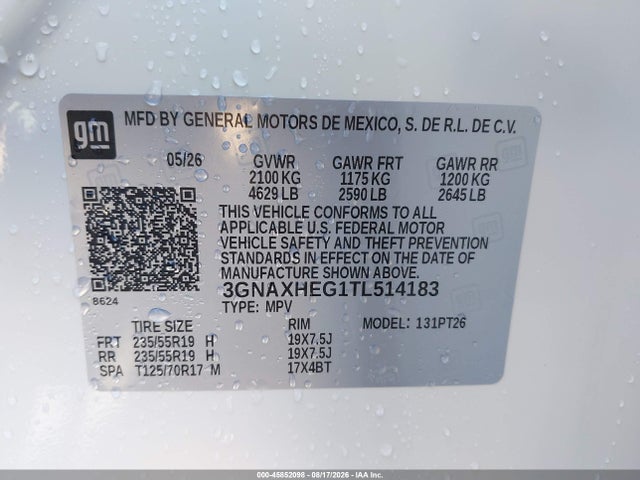 Aukcja sprzedaży 2026 Chevrolet Equinox Fwd Lt, vin: 3GNAXHEG1TL514183, numer aukcji: 45852098